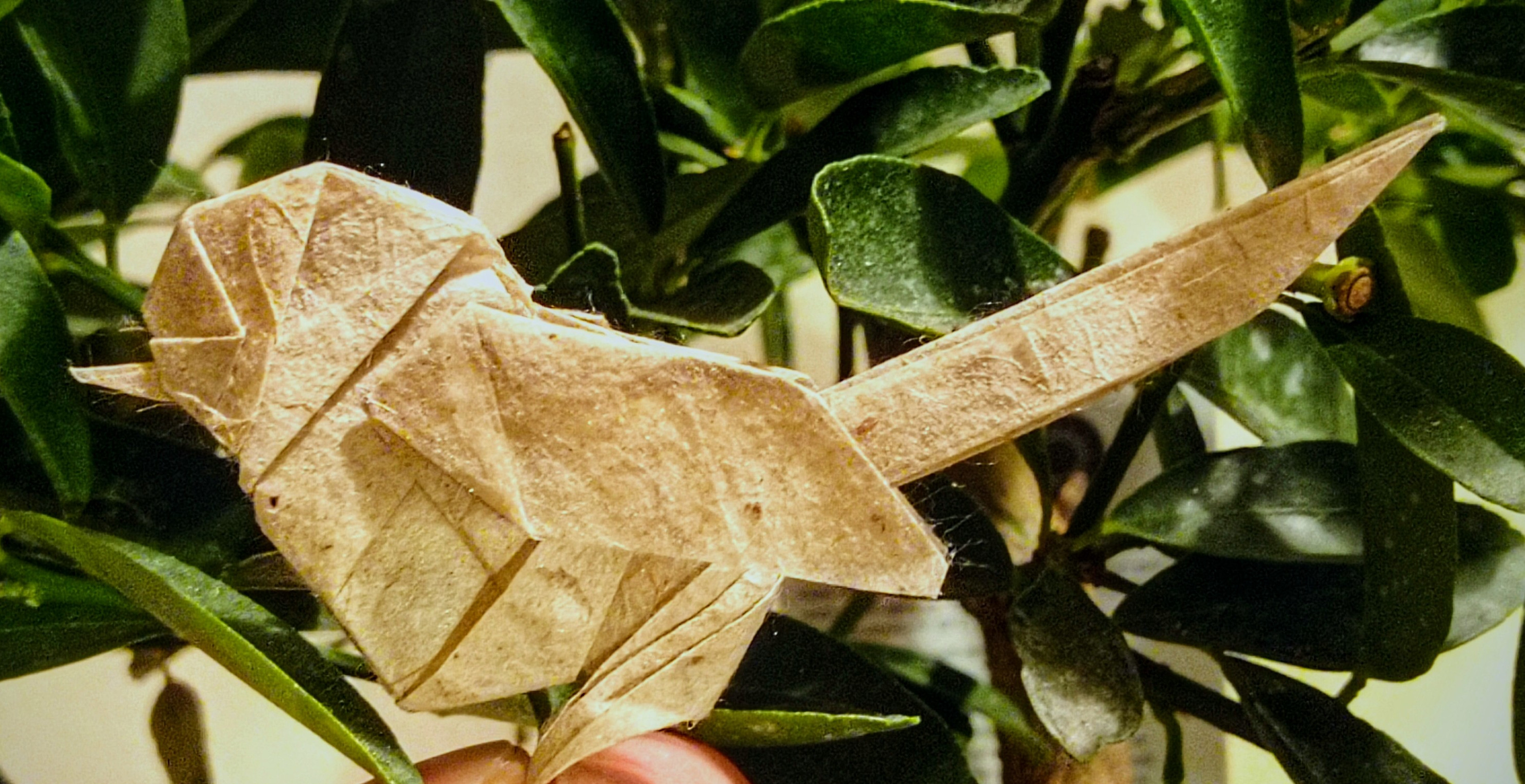 pale brown origami passerine bird with leafy background